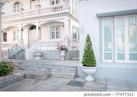 Historic Medieval Architecture of Building Exterior, Retro Style and Decoration of Architectural. Home Decorative and Garden Contemporary Styles 77477321