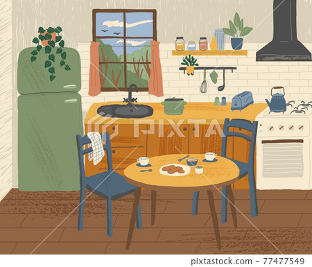 Modern kitchen interior hand drawn vector illustration. Cooking area with dining table in scandinavian cartoon style. Cozy hygge design. Home interior 77477549
