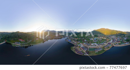 360 panorama by 180 degrees angle seamless panorama of aerial view of Ban Rak Thai village, chinese hotel resort, Mae Hong Son, Thailand. Nature landscape in travel trip and vacation. 77477697