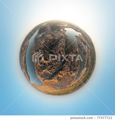 Little planet 360 degree sphere. Panorama of aerial view of Sam Phan Bok, Ubon Ratchathani, Thailand. Dry rock reef. Nature landscape background. Grand Canyon of Thailand. Little planet 360 degree sphere. Panorama of aerial view of Sam Phan Bok, Ubon Ratchathani, Thailand. Dry rock reef. Nature landscape background. Grand Canyon of Thailand. 77477722