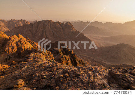 View from Mount Sinai at sunrise. Beautiful mountain landscape in Egypt. 77478084