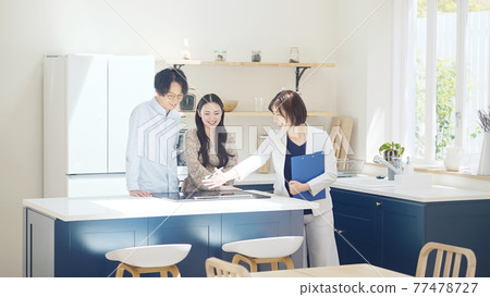 Female person in charge of guiding a couple to a room Model house House maker Finding a room Female person in charge of guiding a couple to a room Model house House maker Finding a room 77478727