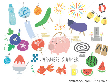 Hand-drawn illustration set related to Obon (no color / outline) 77478749