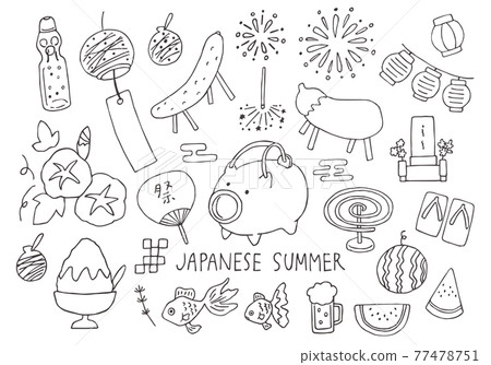 Hand-drawn illustration set related to Obon (monochrome) Hand-drawn illustration set related to Obon (monochrome) 77478751