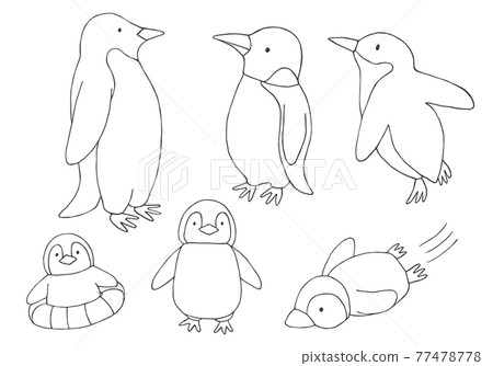 Hand-painted penguins parent-child line drawing (monochrome) 77478778