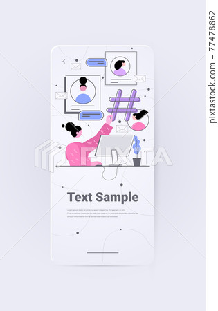woman sharing information with hashtag media marketing advertising blogging promotion social network communication 77478862