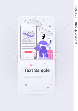 female traveler with luggage booking buying or searching online airline tickets in mobile app travel tourism vacation female traveler with luggage booking buying or searching online airline tickets in mobile app travel tourism vacation 77478869