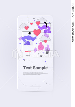 couple in love using mobile dating app man woman holding heart virtual meeting social relationships communication couple in love using mobile dating app man woman holding heart virtual meeting social relationships communication 77478870