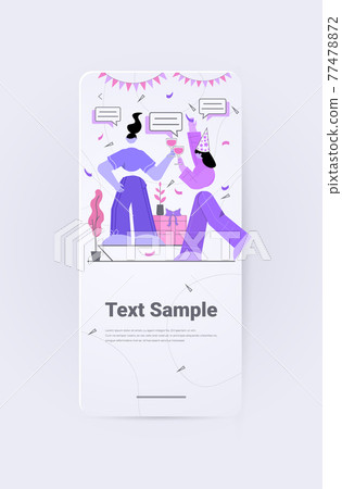 women with gifts drinking wine girls celebrating birthday party chat bubble communication concept 77478872