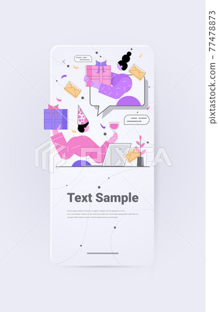 women with gifts discussing during virtual conference girls celebrating birthday party chat bubble communication 77478873