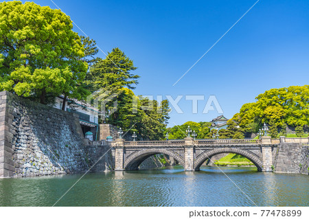 東京皇居外苑二重橋和伏見砲塔的城市景觀 77478899