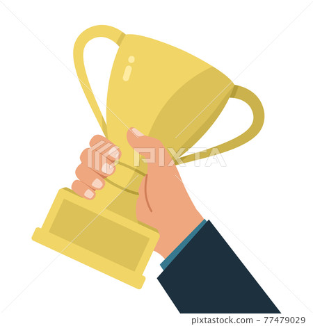 Vector illustration of a hand holding a gold trophy cup. The champion holds the award for the winning. Business concept. Vector illustration of a hand holding a gold trophy cup. The champion holds the award for the winning. Business concept. 77479029