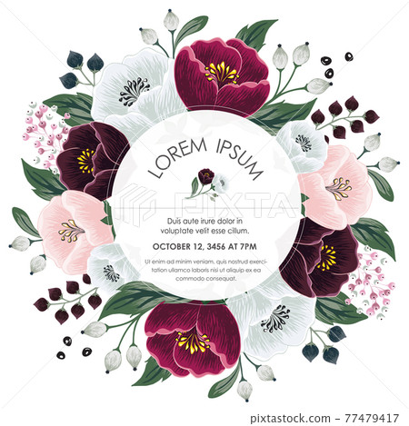 Vector illustration of a beatiful floral frame in summer for Wedding, anniversary, birthday and party. Design for banner, poster, card, invitation and scrapbook Vector illustration of a beatiful floral frame in summer for Wedding, anniversary, birthday and party. Design for banner, poster, card, invitation and scrapbook 77479417