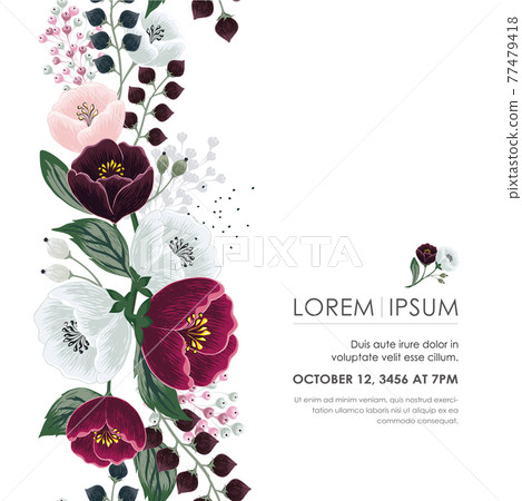 Vector illustration of a beatiful floral seamless border in summer for Wedding, anniversary, birthday and party. Design for banner, poster, card, invitation and scrapbook 	 77479418