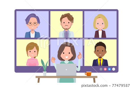 A set of middle-aged tunic women having an online meeting with multiple people. Front angle 77479587