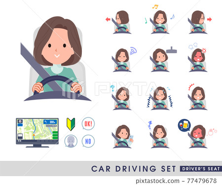 A set of middle-aged women in a tunic driving a car 77479678