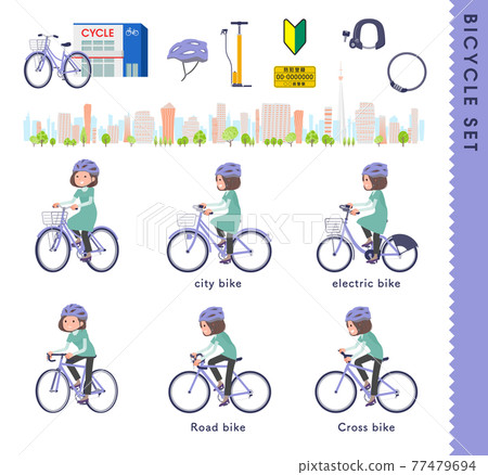 A set of middle-aged women in tunic riding various bicycles 77479694