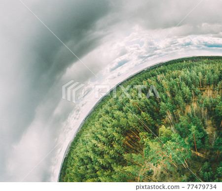Aerial View Green Coniferous Forest Pines Woods Landscape In Spring Day. Top View Of Beautiful European Nature From High Attitude. Drone View. Bird's Eye View. Little Small Planet Concept Aerial View Green Coniferous Forest Pines Woods Landscape In Spring Day. Top View Of Beautiful European Nature From High Attitude. Drone View. Bird's Eye View. Little Small Planet Concept 77479734