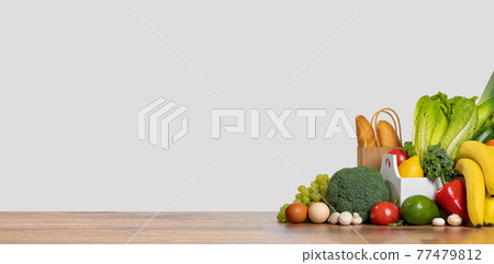 Grocery. box full of fruits and vegetables Grocery. box full of fruits and vegetables 77479812