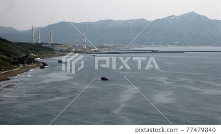 Yoneyama, nuclear power plant, and Sea of Japan seen from Cape Kannon 77479840