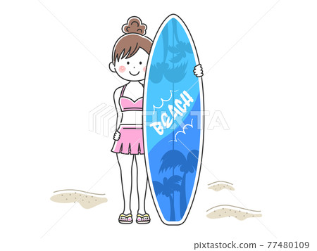 Illustration of a woman in a swimsuit with a surfboard Illustration of a woman in a swimsuit with a surfboard 77480109