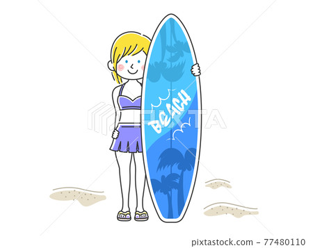 Illustration of a woman in a swimsuit with a surfboard Illustration of a woman in a swimsuit with a surfboard 77480110
