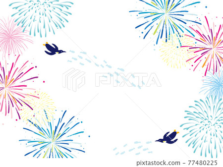 煙花和企鵝夏天背景圖 煙花和企鵝夏天背景圖 77480225