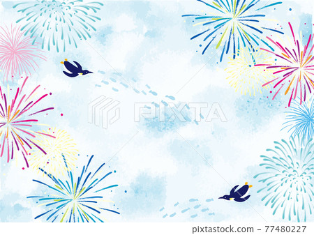 Fireworks and penguins watercolor background Fireworks and penguins watercolor background 77480227