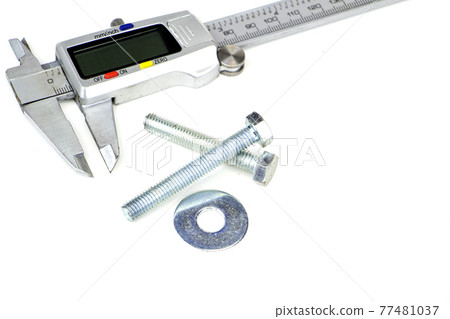 Calipers with bolts and washer on an isolated white background Calipers with bolts and washer on an isolated white background 77481037