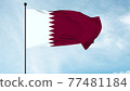 3D Illustration of The national flag of Qatar is in the ratio of 11:28. It is maroon with a broad white serrated band on the hoist side. 77481184