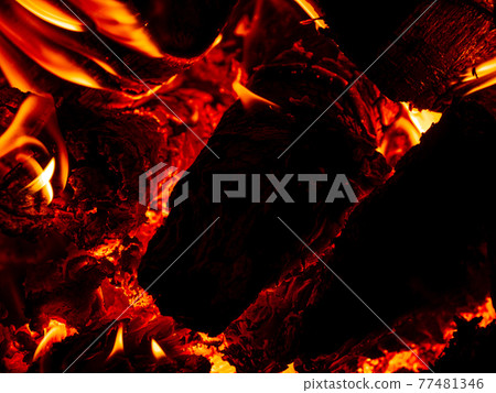Burning firewood in rural oven. Red flame of wood stove in the dark. Cozy warm fireplace bonfire combustion at night. 77481346