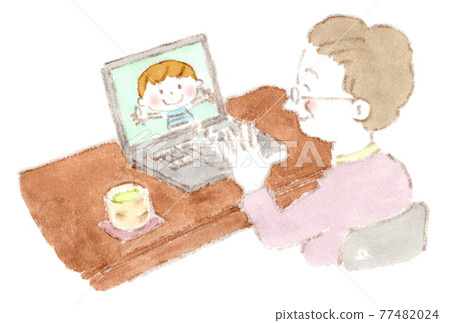 Watercolor illustration of an elderly woman and a child talking online on a laptop 77482024
