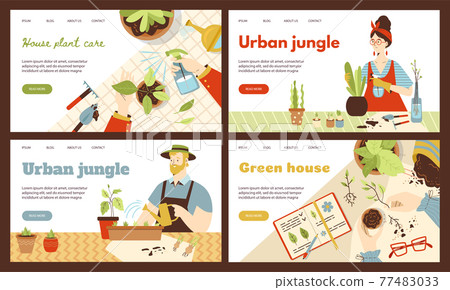 Man and woman care of green and floral plants in pots in home garden 77483033