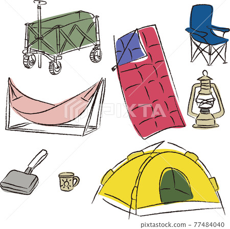 Illustration set of outdoor camping equipment Handwritten style 77484040