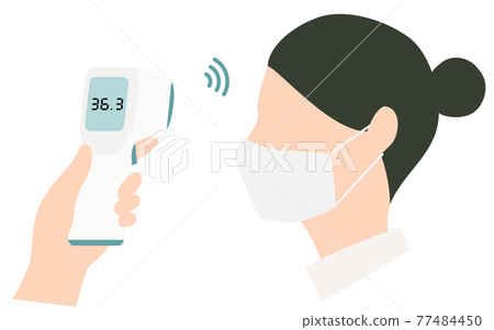 戴口罩的婦女用非接觸式溫度計測量體溫 77484450