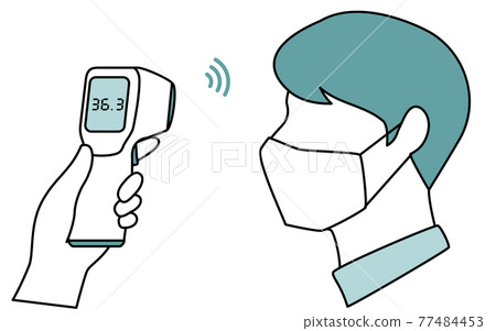 A man wearing a mask to measure body temperature with a non-contact thermometer 77484453