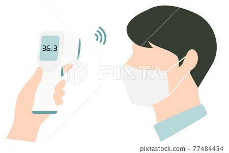 A man wearing a mask to measure body temperature with a non-contact thermometer 77484454