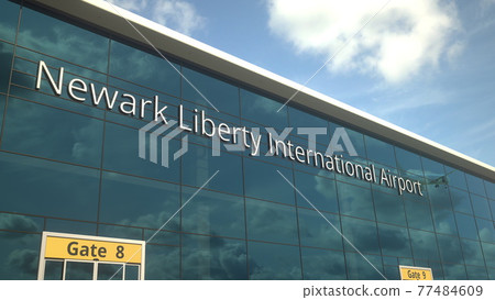 Commercial plane take off reflecting in the windows with Newark Liberty International Airport text, 3d rendering 77484609