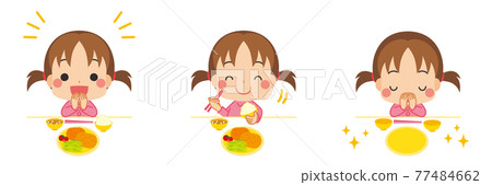 一個可愛的小女孩的插圖集變體，她禮貌地打招呼，吃著白色背景 77484662