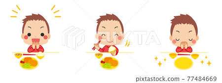 一個可愛的小男孩的插圖集變體，他禮貌地打招呼，吃著白色背景 77484669