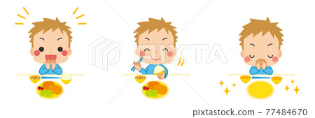 一個可愛的小男孩的插圖集變體，他禮貌地打招呼，吃著白色背景 77484670