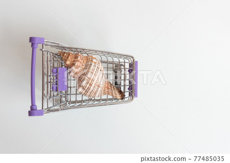 There is a seashell in the shopping basket. Concept of travel booking and purchasing. Vacation There is a seashell in the shopping basket. Concept of travel booking and purchasing. Vacation 77485035