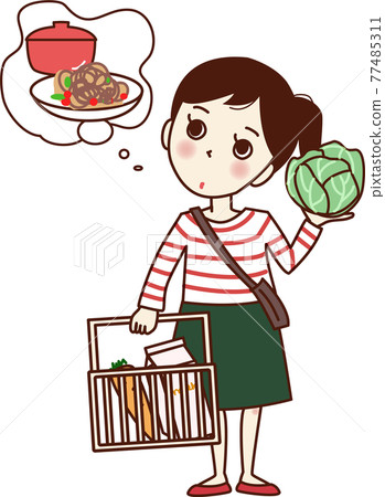 A woman holding a shopping basket and thinking about a dinner menu. A woman holding a shopping basket and thinking about a dinner menu. 77485311