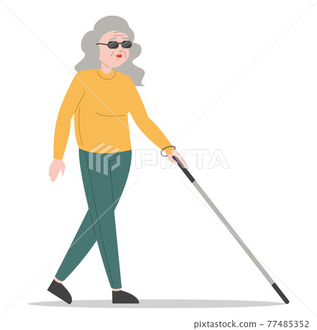 Old blind woman walking with a cane Old blind woman walking with a cane 77485352