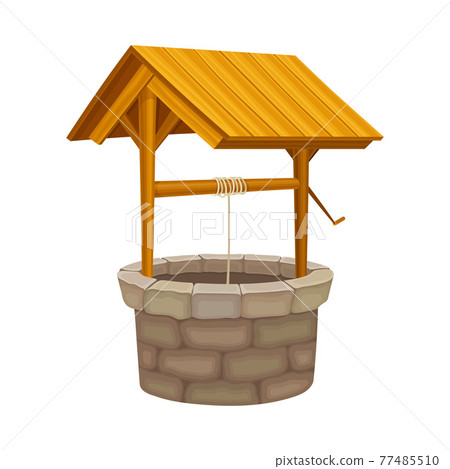 Well as Brick Structure in the Ground for Accessing Water with Bucket Raising by Pulling Rope Vector Illustration 77485510
