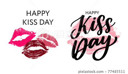 Kiss me greeting card, poster with pink hand drawn watercolor lips. Vector background with ink hand lettering. Kiss me greeting card, poster with pink hand drawn watercolor lips. Vector background with ink hand lettering. 77485511