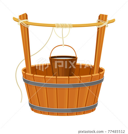 Wooden Well as Structure in the Ground for Accessing Water with Rope for Pulling Bucket Vector Illustration 77485512