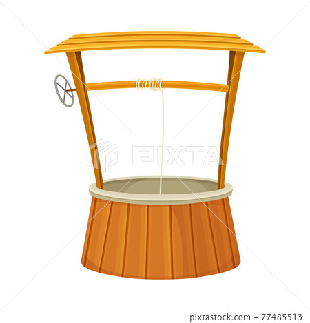 Wooden Well as Structure in the Ground for Accessing Water with Rope for Pulling Bucket Vector Illustration 77485513