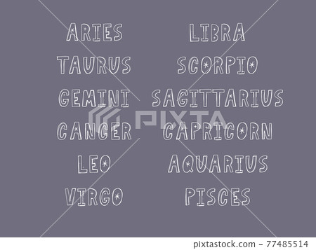 Zodiac lettering Vector Sign. Cartoon astrology text illustration. Horoscope handwritten icon set. 77485514