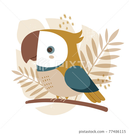 Illustration of a cute parrot perched on a branch against a tropical plant background Illustration of a cute parrot perched on a branch against a tropical plant background 77486115